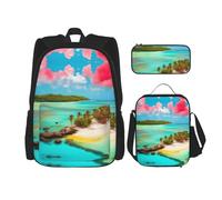 WZYCWB Caribbean Scenery Campus life backpack set (3 pieces) - school bag + pencil case + lunch bag, meet all the daily needs of students!, Black, One Size, Black, One Size