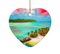 WZYCWB Caribbean Scenery patterned Heart Shape ceramic pendant, perfect for decorating your home Christmas tree for winter parties
