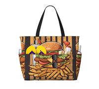 WZYCWB cartoon oversized burgers Foldable beach travel bag, large capacity beach bag with zipper, perfect for shopping bags, pool, gym, travel shopping,