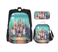 WZYCWB Classical castle Backpack (3-piece set), large capacity backpack, student school bag, pencil case, lunch bag combination