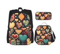 WZYCWB Colorful hearts Backpack set (3-piece set) - student school bag + pencil case + lunch bag, large capacity backpack, Black, One Size