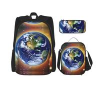 WZYCWB Cosmic Earth Backpack set (3-piece set) - student school bag + pencil case + lunch bag, large capacity backpack, Black, One Size