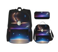WZYCWB Cosmic Saturn Backpack set (3-piece set) - student school bag + pencil case + lunch bag, large capacity backpack, Black, One Size