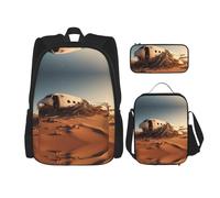 WZYCWB crashed plane Campus life backpack set (3 pieces) - school bag + pencil case + lunch bag, meet all the daily needs of students!, Black, One Size, Black, One Size