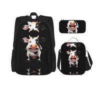 WZYCWB Cute cow Backpack (3-piece set), large capacity backpack, student school bag, pencil case, lunch bag combination