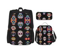 WZYCWB Day of the Dead Masks Backpack (3-piece set), large capacity backpack, student school bag, pencil case, lunch bag combination