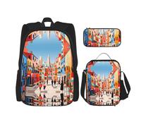 WZYCWB Dense towns Backpack set (3-piece set) - student school bag + pencil case + lunch bag, large capacity backpack, Black, One Size