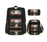 WZYCWB Distant mountains and rivers Backpack (3-piece set), large capacity backpack, student school bag, pencil case, lunch bag combination