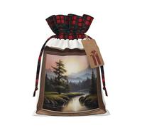 WZYCWB Distant mountains and rivers Christmas Gift Bags for Christmas Party Supplies Decorations, 8.3 * 11.8 Inch Colorblock Burlap Drawstring Gift Bags,