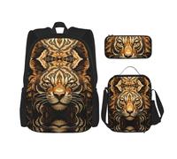 WZYCWB domineering tiger head Backpack set (3-piece set) - student school bag + pencil case + lunch bag, large capacity backpack, Black, One Size