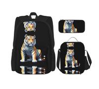 WZYCWB Dotwork Tiger Campus life backpack set (3 pieces) - school bag + pencil case + lunch bag, meet all the daily needs of students!