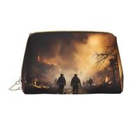 WZYCWB Firefighters fighting fires Leather cosmetic bag with pockets, portable travel cosmetic bag, large capacity cosmetic storage bag,