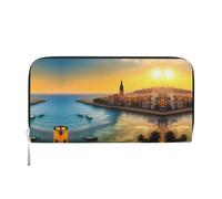 WZYCWB Flag of the Cayman Islands Leather clutch bags zipper wallets and card holders are perfect for travel or daily use, Sunset in Barcelona, One Size