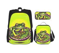 WZYCWB Frog in a pond Backpack set (3-piece set) - student school bag + pencil case + lunch bag, large capacity backpack, Black, One Size, Black, One Size
