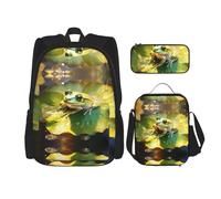 WZYCWB Frog on a Lotus Leaf Backpack (3-piece set), large capacity backpack, student school bag, pencil case, lunch bag combination