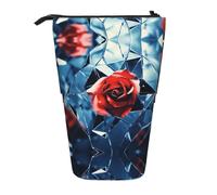 WZYCWB Glass Red Rose Printed Retractable Pen Holder for Dorm or Office use.