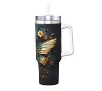 WZYCWB Gold color delicate Dragonfly flower Pattern ice cup - 40 ounce double-layer stainless steel vacuum cup, leak-proof and portable