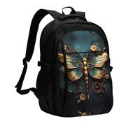 WZYCWB Gold color delicate Dragonfly flower Printed laptop backpack, business men's commuter backpack, computer bag with USB port charging