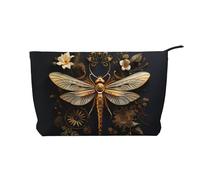 WZYCWB Gold Exquisite Dragonfly Corduroy cosmetic bag, women's portable zipper handbag purse, suitable for travel and daily storage, cosmetics