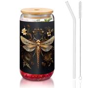 WZYCWB Gold Exquisite Dragonfly Printed bamboo lid glass for hot and cold iced coffee, milk tea, and beer. A stylish water cup.