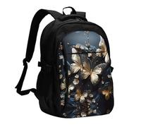 WZYCWB Gold White Butterflies Black Printed laptop backpack, business men's commuter backpack, computer bag with USB port charging