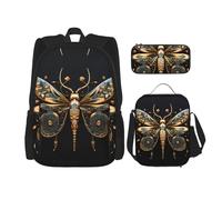 WZYCWB Golden Delicate Dragonfly on Black Background Backpack set (3-piece set) - student school bag + pencil case + lunch bag, large capacity backpack, Black, One Size