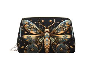 WZYCWB Golden Delicate Dragonfly on Black Background Printed Leather Cosmetic Bag for Women - Stylish and Soft, Durable