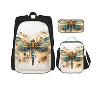WZYCWB Golden Delicate Dragonfly on Yellow Background Backpack set (3-piece set) - student school bag + pencil case + lunch bag, large capacity backpack, Black, One Size