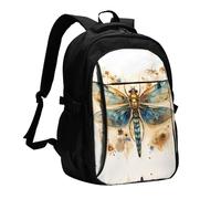 WZYCWB Golden Delicate Dragonfly on Yellow Background Printed laptop backpack, business men's commuter backpack, computer bag with USB port charging