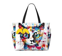 WZYCWB Graffiti Cat Head Foldable beach travel bag, large capacity beach bag with zipper, perfect for shopping bags, pool, gym, travel shopping,