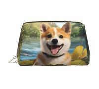 WZYCWB Happy Shiba Inu Patterned Leather Cosmetic Bag - Perfect for Carry-On or Home Organization