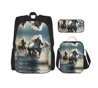 WZYCWB Horses running wild in the river Backpack set (3-piece set) - student school bag + pencil case + lunch bag, large capacity backpack, Black, One Size, Black, One Size