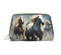 WZYCWB Horses running wild in the river Leather cosmetic bag with pockets, portable travel cosmetic bag, large capacity cosmetic storage bag,