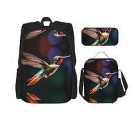 WZYCWB Hummingbirds in Flight Backpack set (3-piece set) - student school bag + pencil case + lunch bag, large capacity backpack, Black, One Size