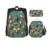WZYCWB Insect Atlas Backpack set (3-piece set) - student school bag + pencil case + lunch bag, large capacity backpack, Black, One Size, Black, One Size
