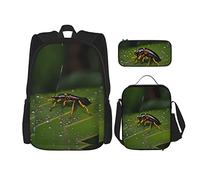 WZYCWB Insects on leaves Backpack set (3-piece set) - student school bag + pencil case + lunch bag, large capacity backpack, Black, One Size