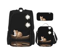 WZYCWB Kitten looking at the stars Campus life backpack set (3 pieces) - school bag + pencil case + lunch bag, meet all the daily needs of students!