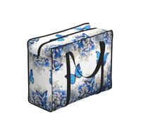 WZYCWB Large Capacity Storage Tote Bag, Blue Butterflies White Flowers Print, Polyester, Zippered, 53 x 40 x 23 cm, Foldable with Reinforced Handles