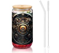 WZYCWB Large machinery gears Printed bamboo lid glass for hot and cold iced coffee, milk tea, and beer. A stylish water cup.