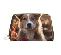 WZYCWB Leather travel cosmetic bag, Dogs and Roses portable cosmetic bag, large capacity cosmetic storage bag with pockets,