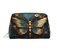 WZYCWB Leather travel cosmetic bag, Gold color delicate Dragonfly flower portable cosmetic bag, large capacity cosmetic storage bag with pockets,