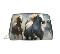 WZYCWB Leather travel cosmetic bag, Horses running wild in the river portable cosmetic bag, large capacity cosmetic storage bag with pockets,