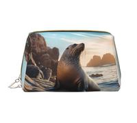 WZYCWB Leather travel cosmetic bag, Sea lion on the rocks portable cosmetic bag, large capacity cosmetic storage bag with pockets,