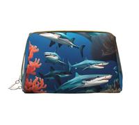 WZYCWB Leather travel cosmetic bag, Submarine shark coral portable cosmetic bag, large capacity cosmetic storage bag with pockets,