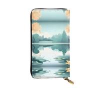 WZYCWB Leather Wallet, 7.5 * 4.1 Inch Long Clutch Bag, Zipper Compartment Large Storage, Good Gift for Friends Fallen leaves on a tranquil lake Printed