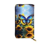 WZYCWB Leather Wallet, 7.5 * 4.1 Inch Long Clutch Bag, Zipper Compartment Large Storage, Good Gift for Friends Sunflower Blue Butterfly Printed