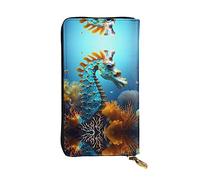 WZYCWB Leather Wallet, 7.5 * 4.1 Inch Long Clutch Bag, Zipper Compartment Large Storage, Good Gift for Friends Blue Seahorse Printed