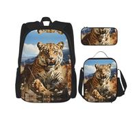 WZYCWB Leopard in search of prey Backpack (3-piece set), large capacity backpack, student school bag, pencil case, lunch bag combination