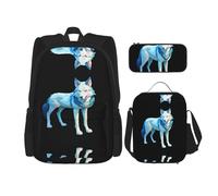 WZYCWB Line Art Wolf Backpack (3-piece set), large capacity backpack, student school bag, pencil case, lunch bag combination