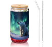 WZYCWB Little Polar Bear Printed bamboo lid glass for hot and cold iced coffee, milk tea, and beer. A stylish water cup.